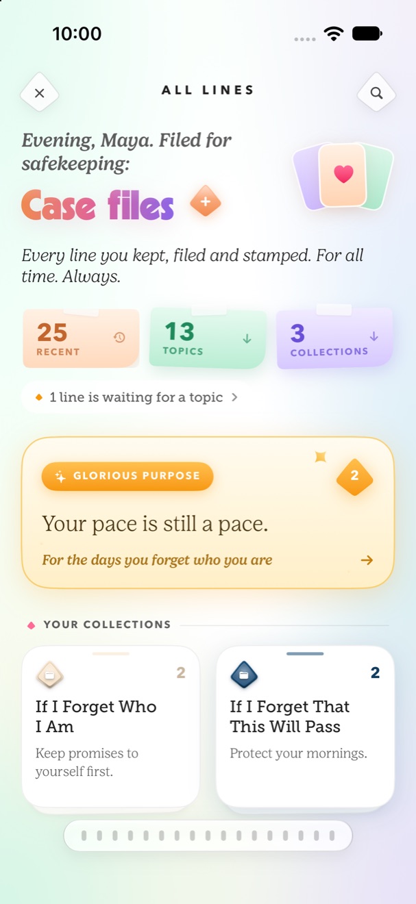 Sanctum's All lines screen: counts of recent lines, topics and collections, a featured line and two collections